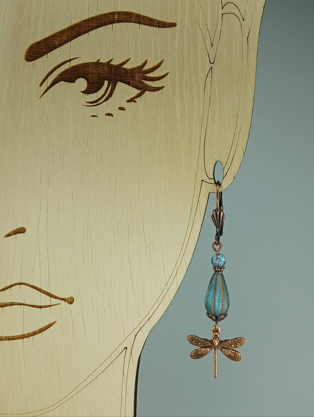 Dragonfly Sea Glass Earrings Coastal Cottage Copper Jewelry Hand Crafted - Picture 5 of 6